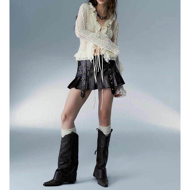 Vintage Washed Leather Rivet Pleated Skirt