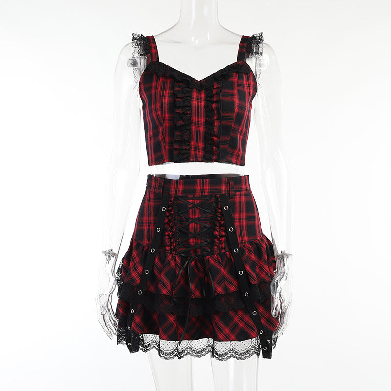 Gothic Checkered Lace Halter Two-Piece Set