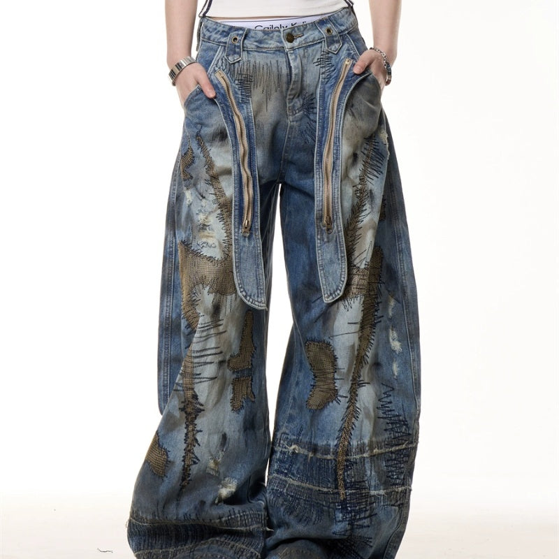 Industrial Wash Wide-Leg Workwear Denim