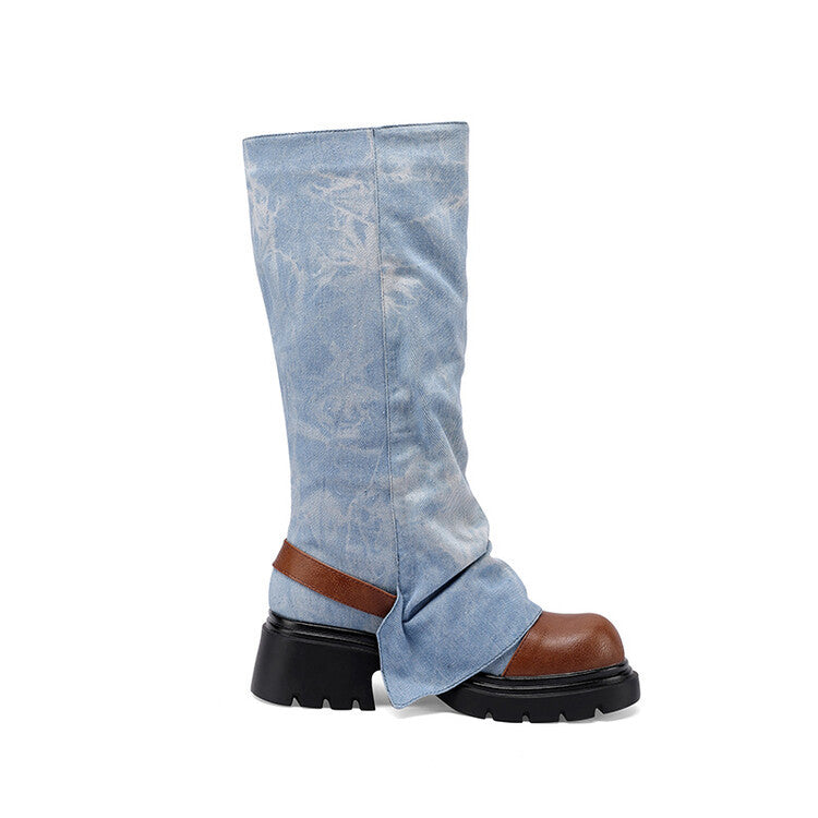 Tie-Dye Denim Studded Platform Boots