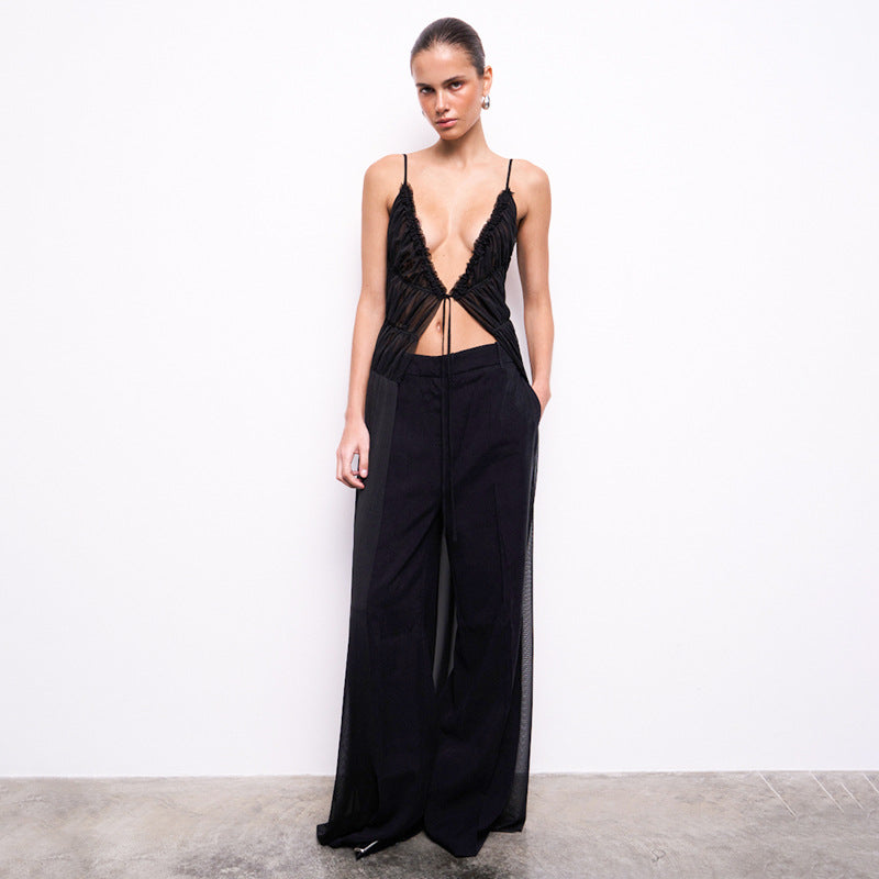 Low-Cut Mesh Tie Camisole Cover-up