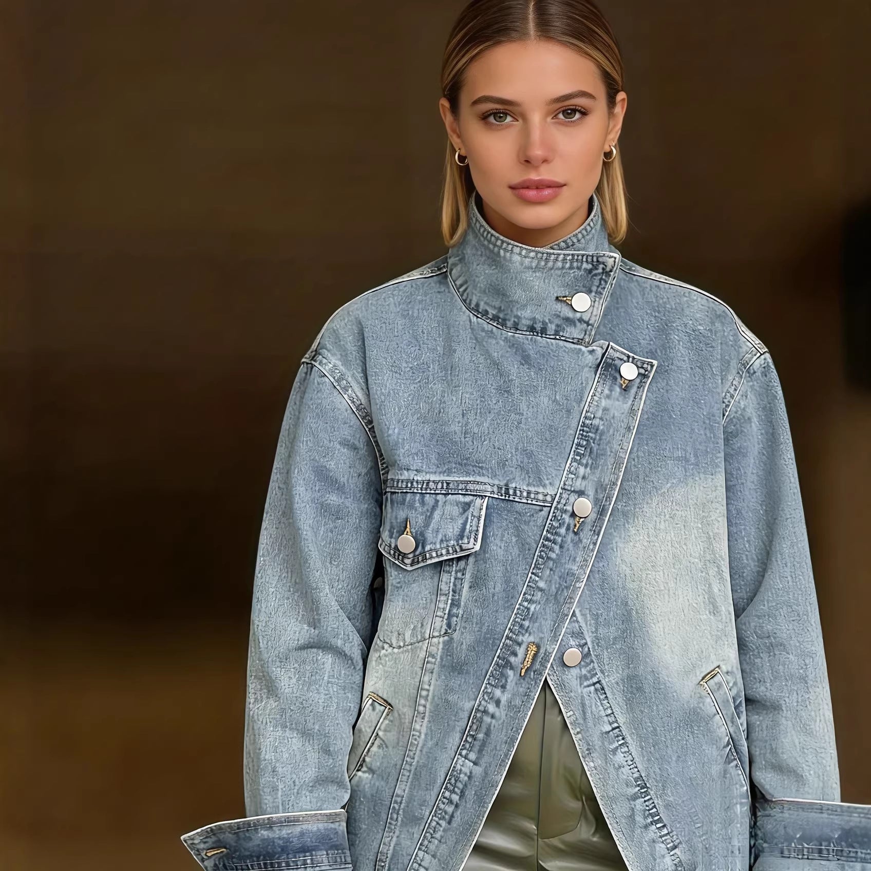 Asymmetric Closure Single-Pocket Denim Jacket