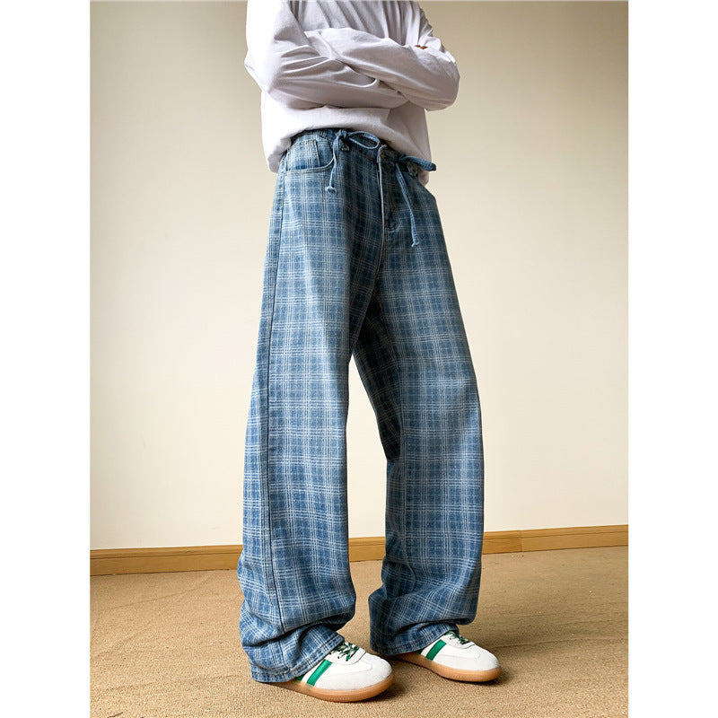 Preppy Boycore Plaid Wide Leg Jeans