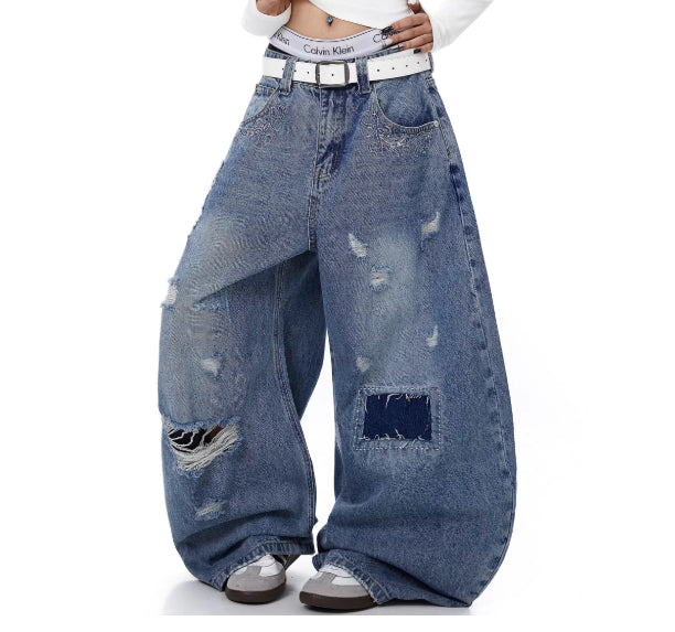 Baggy Curved Barrel Patch Washed Denim