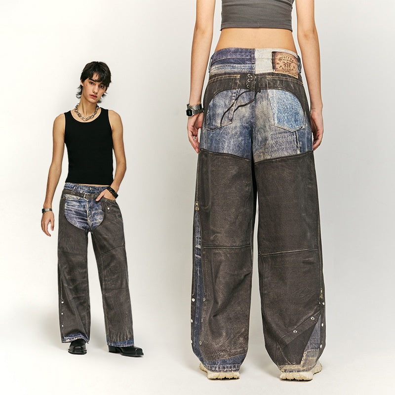 Riotcore Unisex Leather Patchwork Digital Printed relaxed Jeans