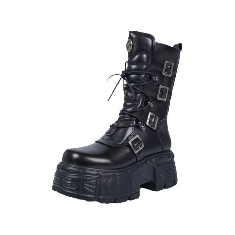Gothic Metal Lace-Up Platform Mid-Calf Boots