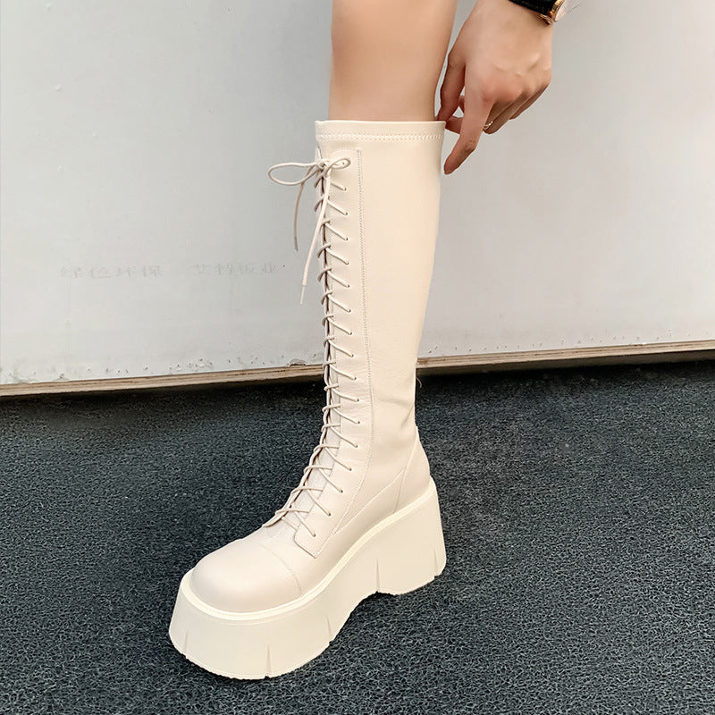 Lace-Up Combat Platform Knee-High Boots
