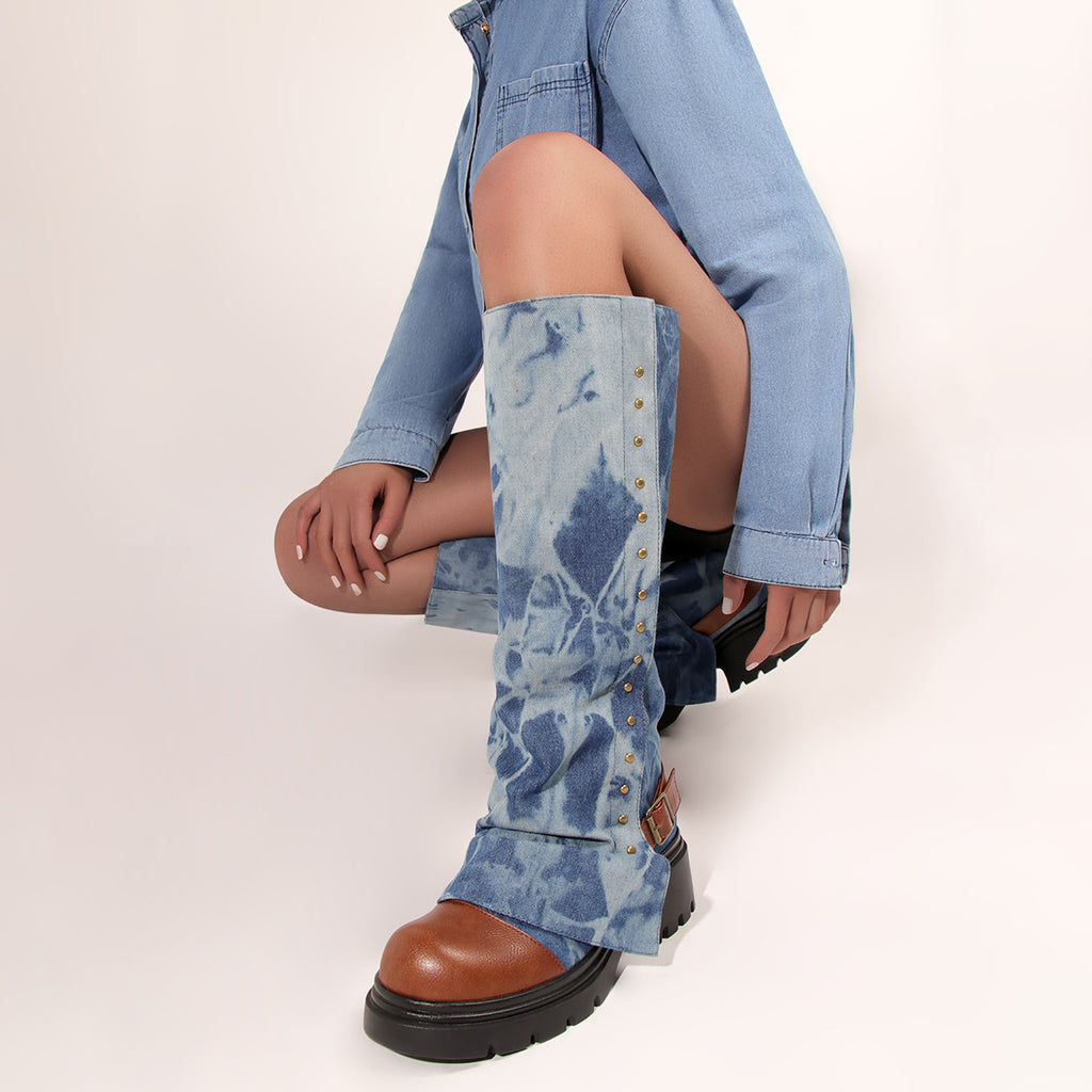 Tie-Dye Denim Studded Platform Boots