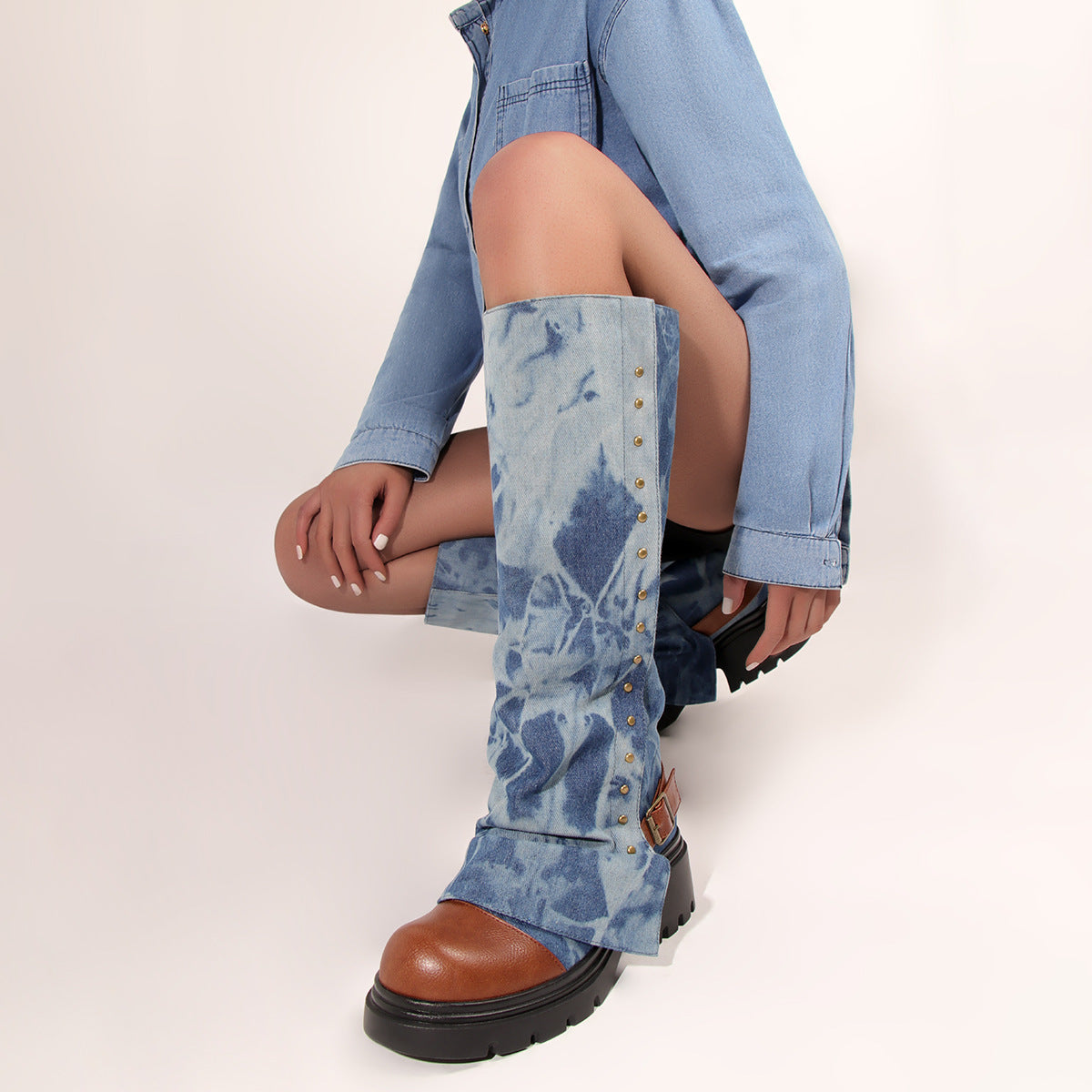 Tie-Dye Denim Studded Platform Boots