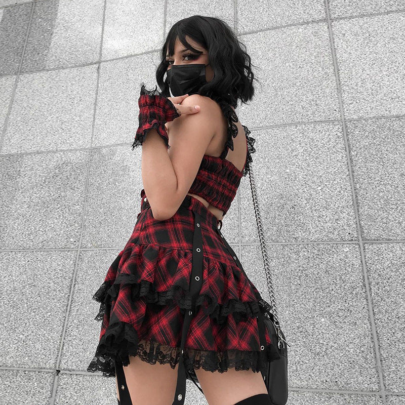 Gothic Checkered Lace Halter Two-Piece Set