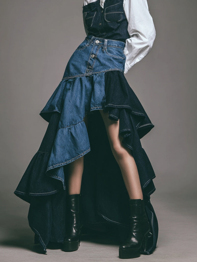Two-Tone Denim Asymmetric Layered Ruffle Midi Skirt