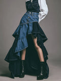 Two-Tone Denim Asymmetric Layered Ruffle Midi Skirt