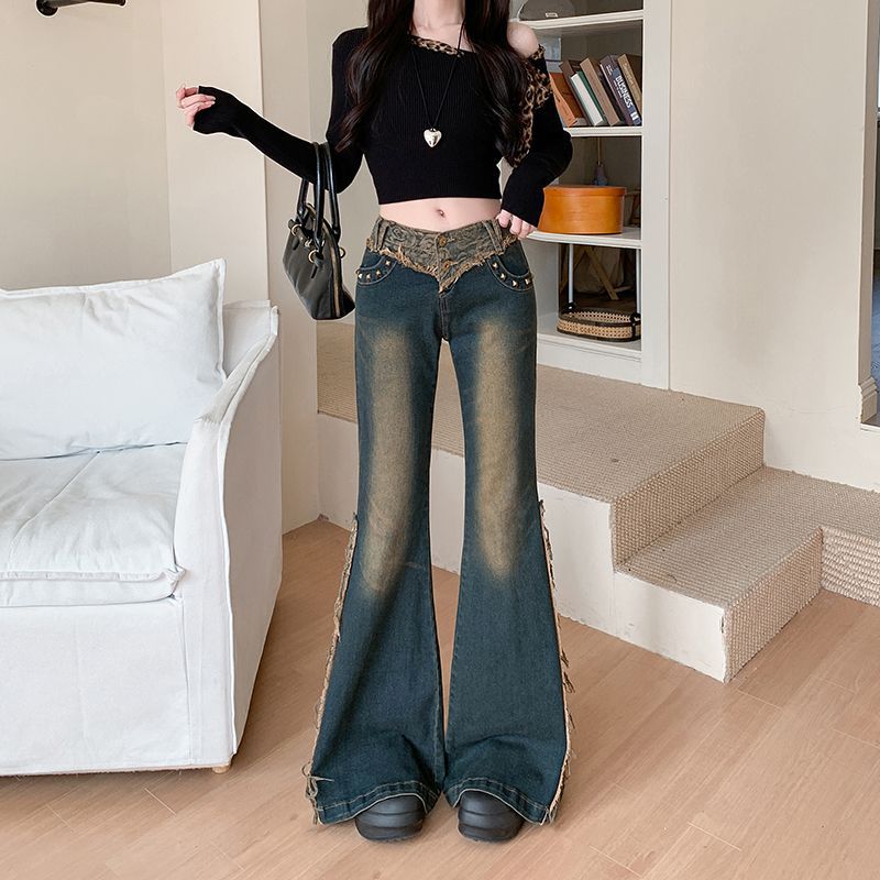 Soft Grunge Rose-Stitched Flare Denim