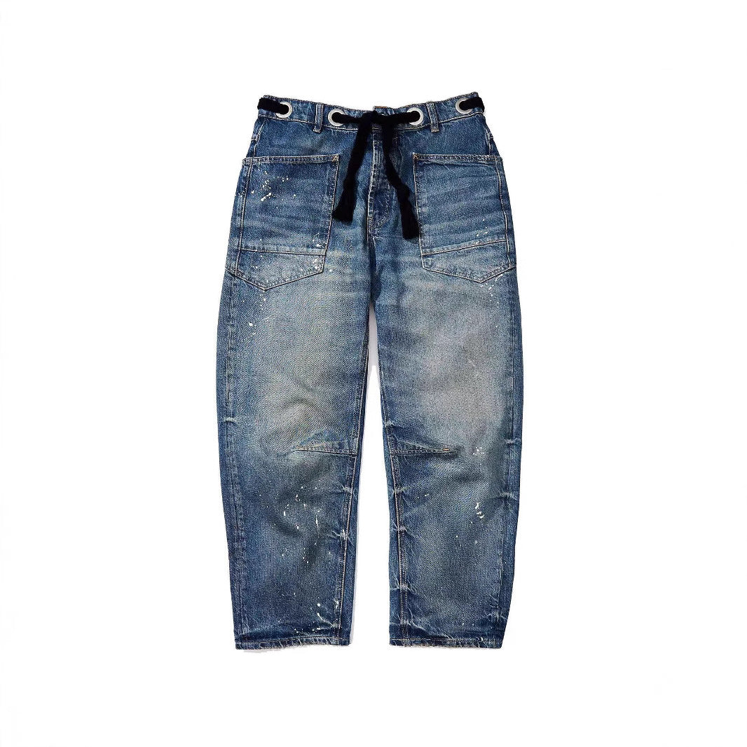 Relaxed Drawstring Splash Ink Cropped Jeans