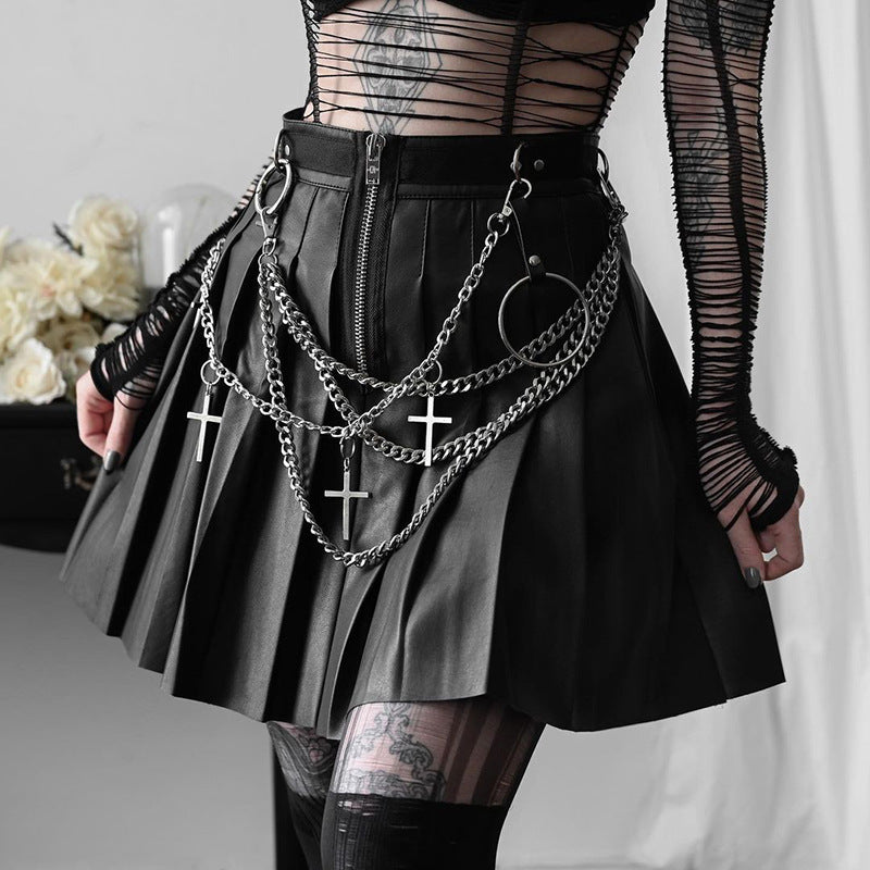 Gothic Chain Pleated Leather Mini