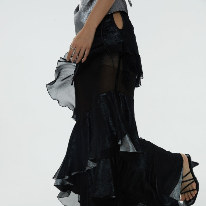 Sheer Ruffled Irregular Hem Gothic Maxi Skirt