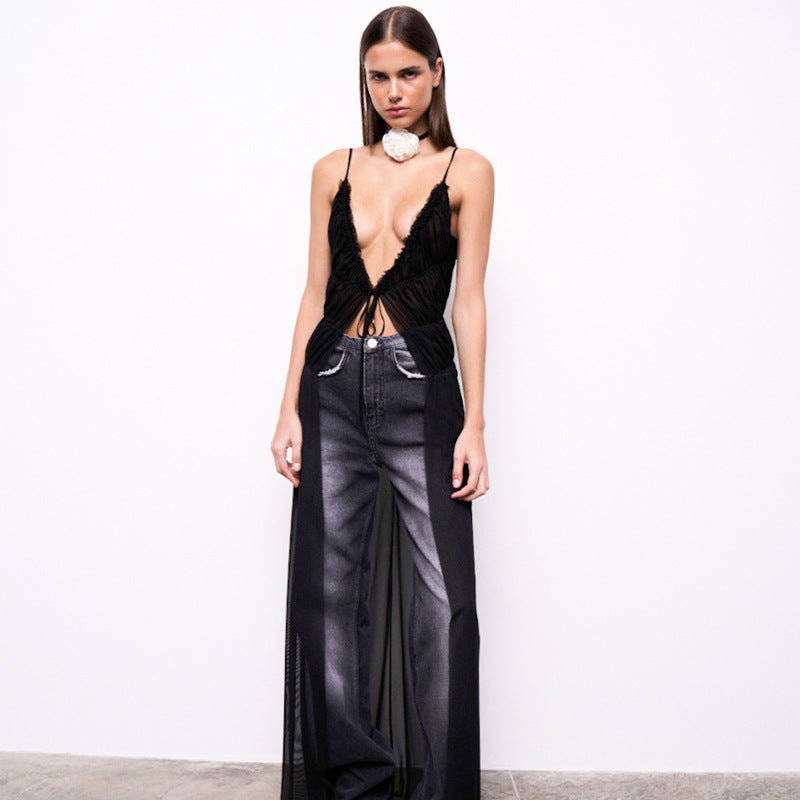 Low-Cut Mesh Tie Camisole Cover-up