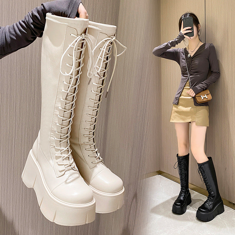 Lace-Up Combat Platform Knee-High Boots