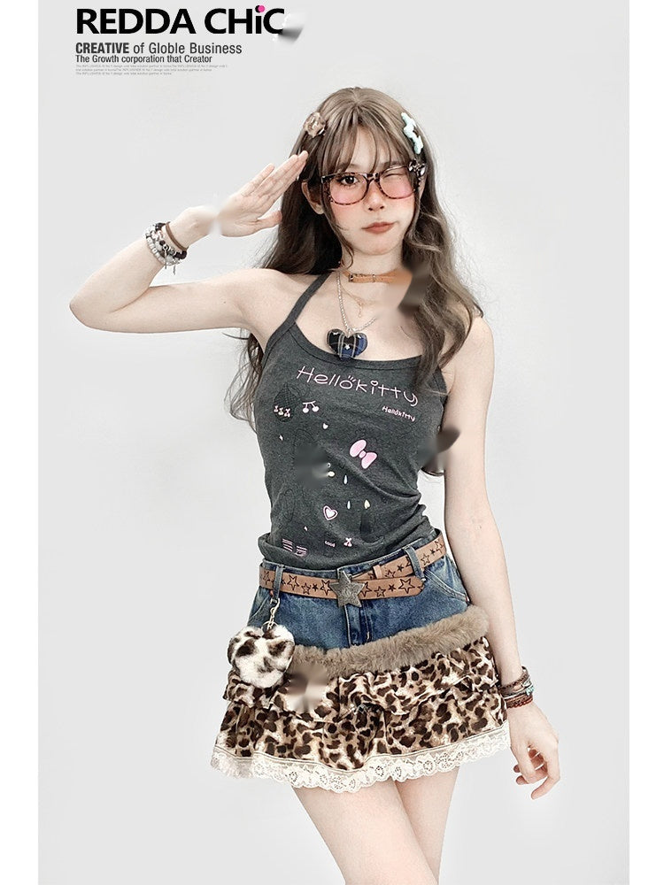 Y2K Leopard Lace Tiered Denim Skirt