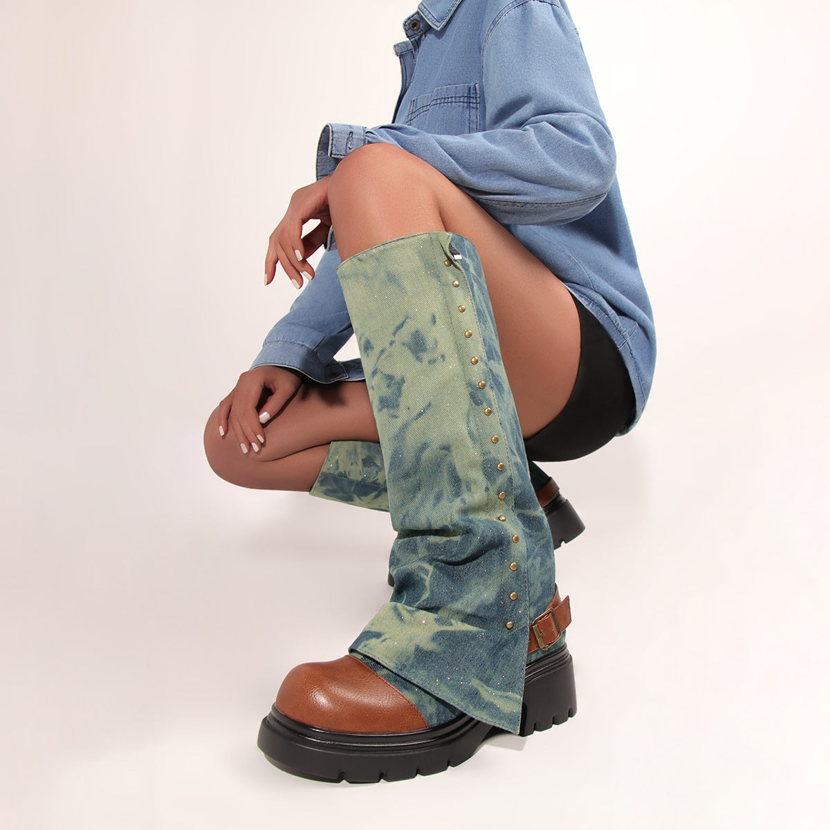 Tie-Dye Denim Studded Platform Boots