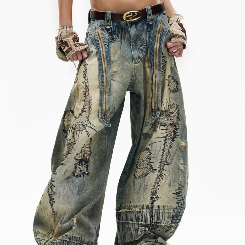 Heavy Industry Random-Stitch Graffiti Jeans