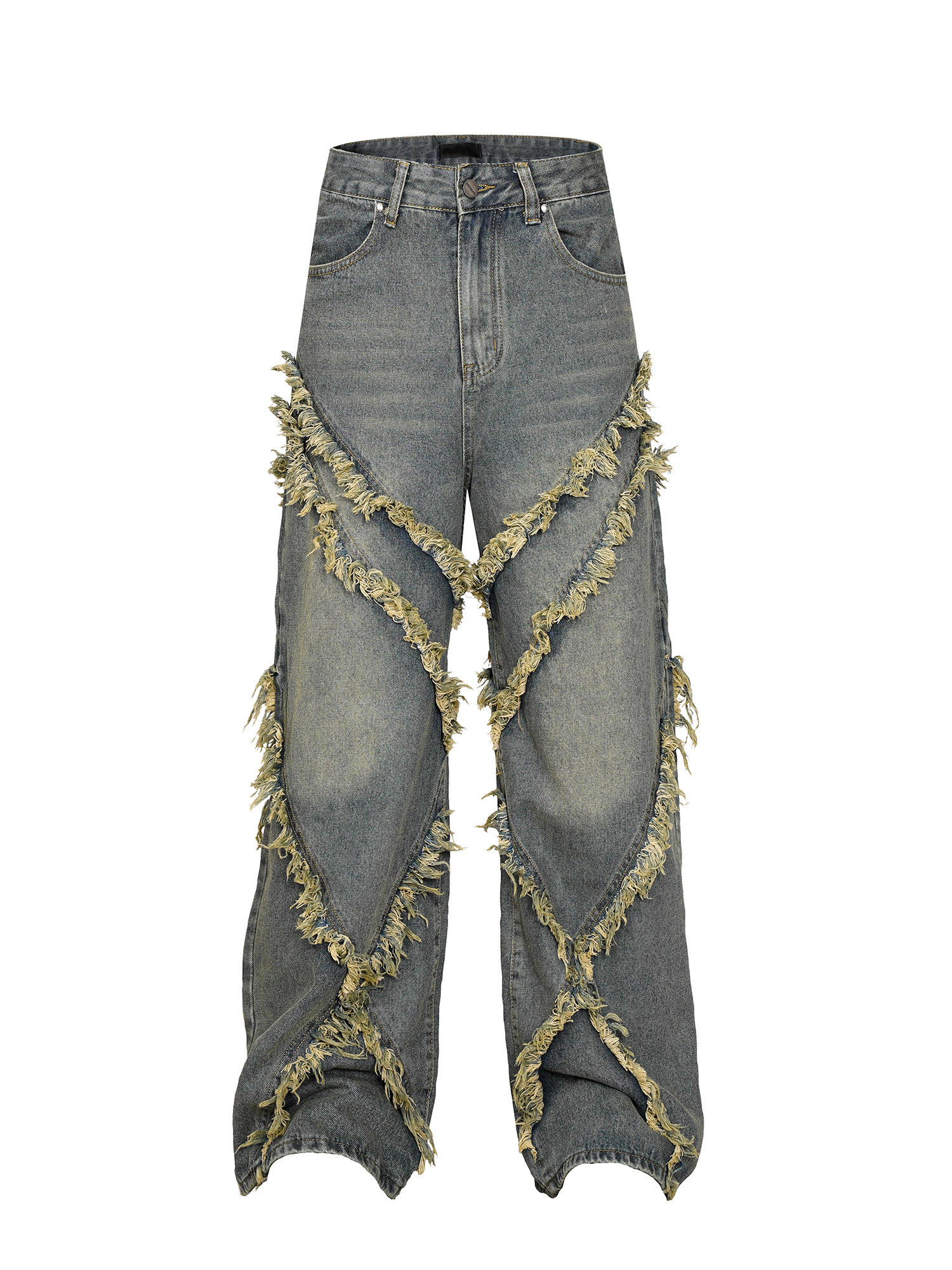 Frayed Patchwork Tassel Wide-Leg Baggy Jeans