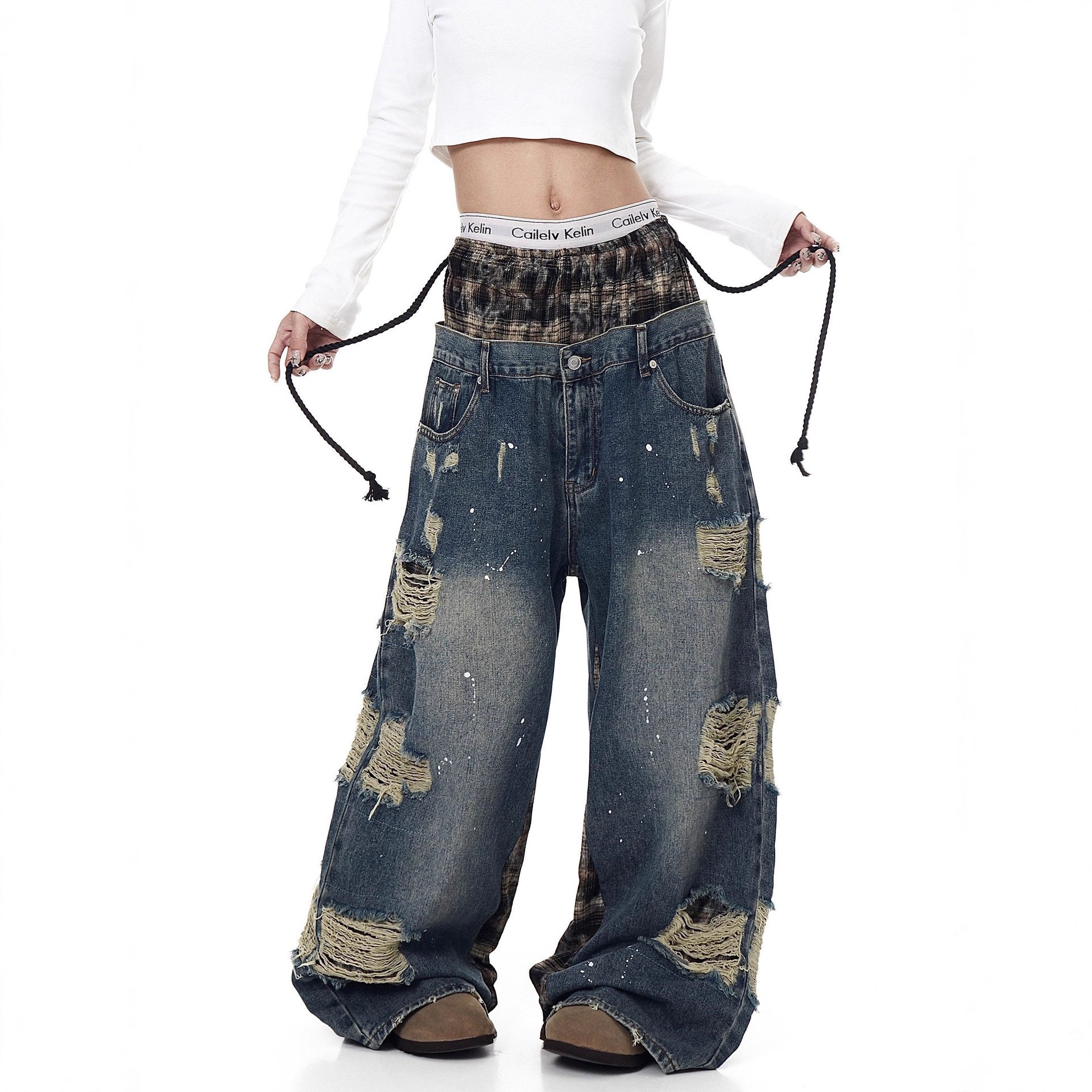 Grunge Ghost Distressed Unisex Wide-Leg Denim Jeans