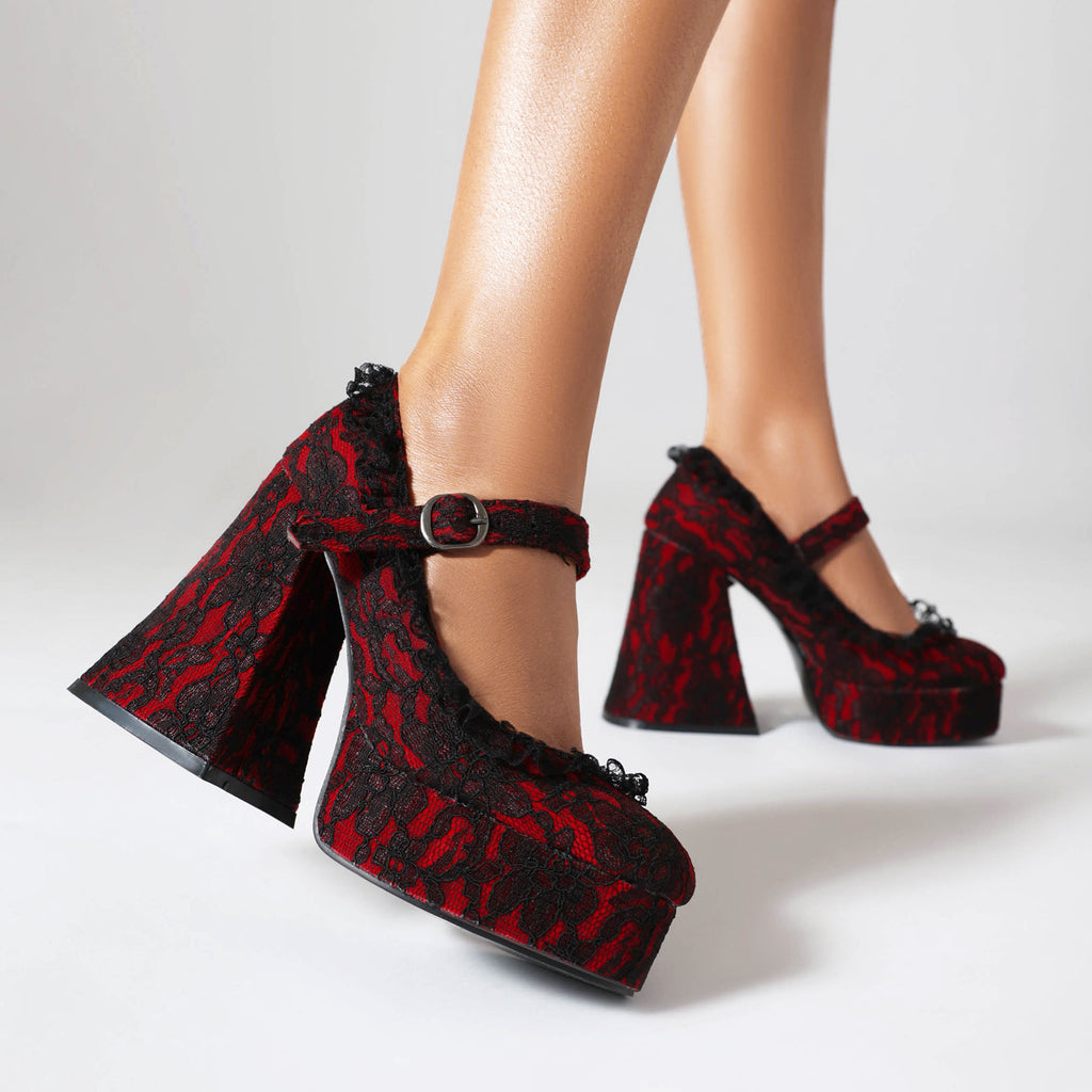 Obsidian Lace-Up Buckle Platform Heels