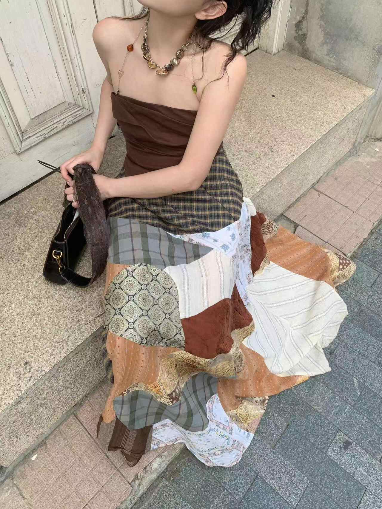 Urban Patchwork Artistic Stitch Long Skirt