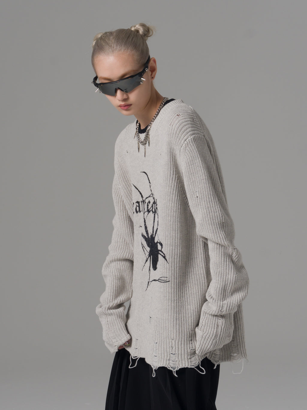 Women’s Destroyed Spider-Print Grunge Knit Sweater