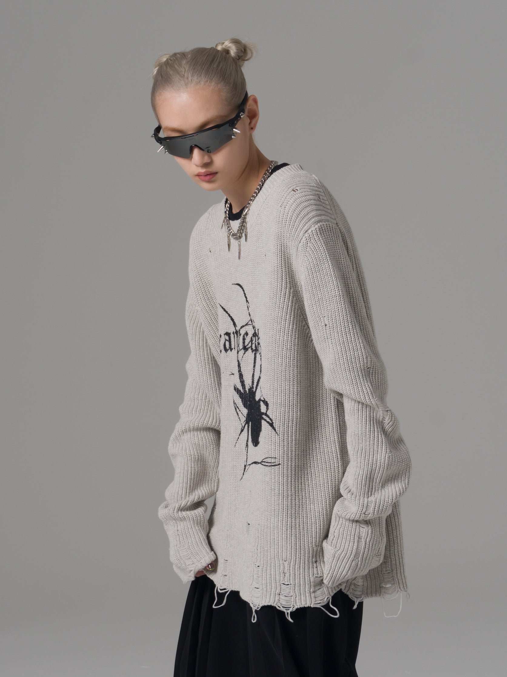 Women’s Destroyed Spider-Print Grunge Knit Sweater