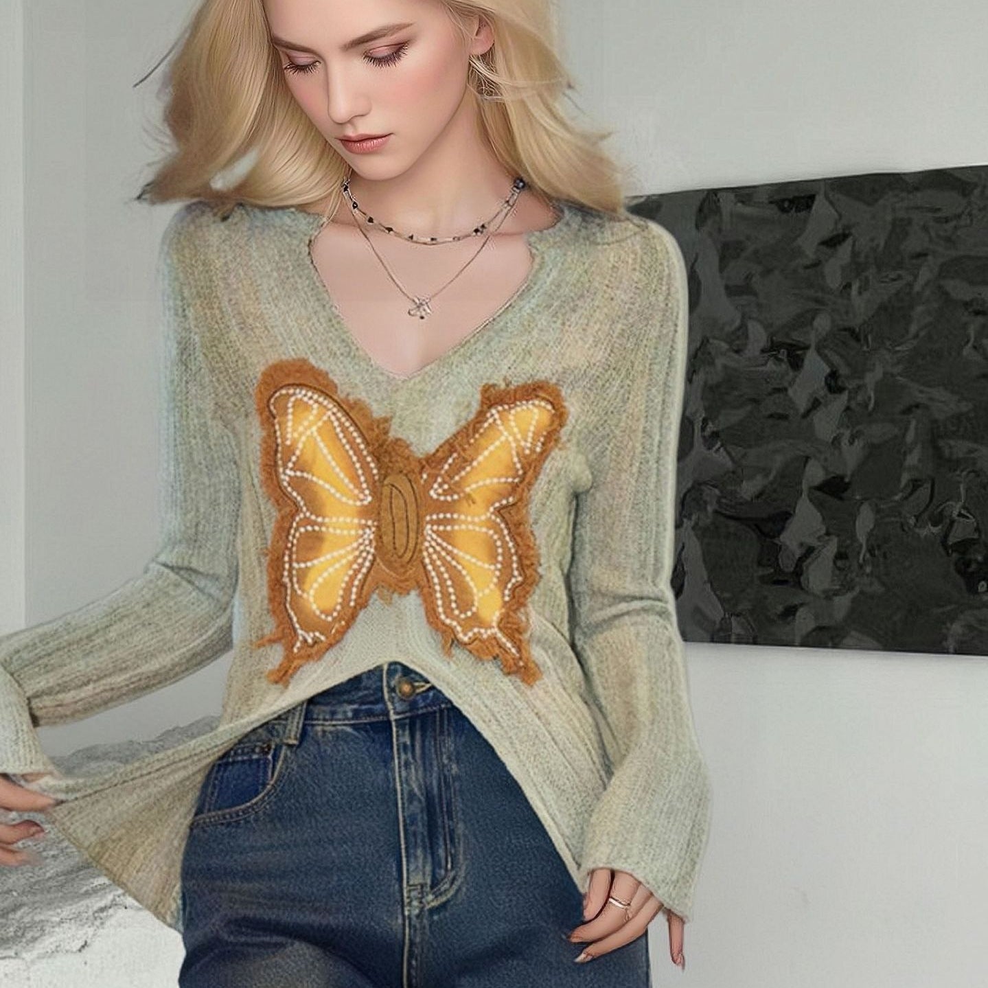 Y2K Butterfly Embroidered Knit Sweater