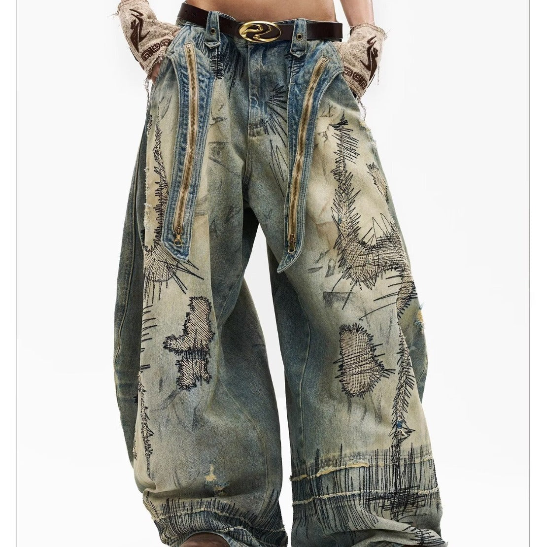 Heavy Industry Random-Stitch Graffiti Jeans