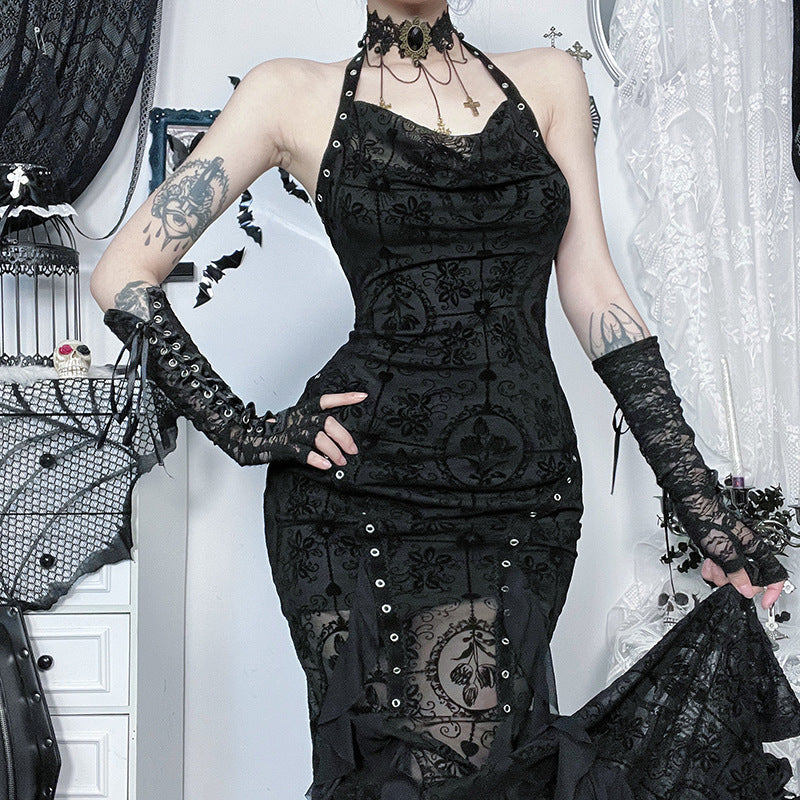 Midnight Flocked Sexy Gothic Slip Dress