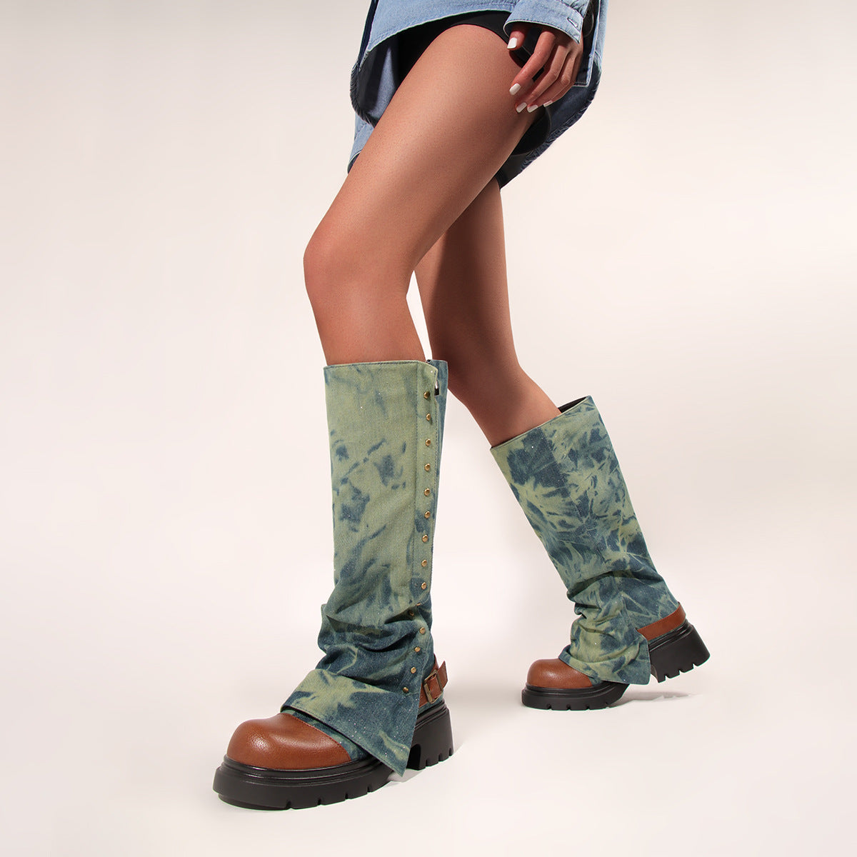 Tie-Dye Denim Studded Platform Boots