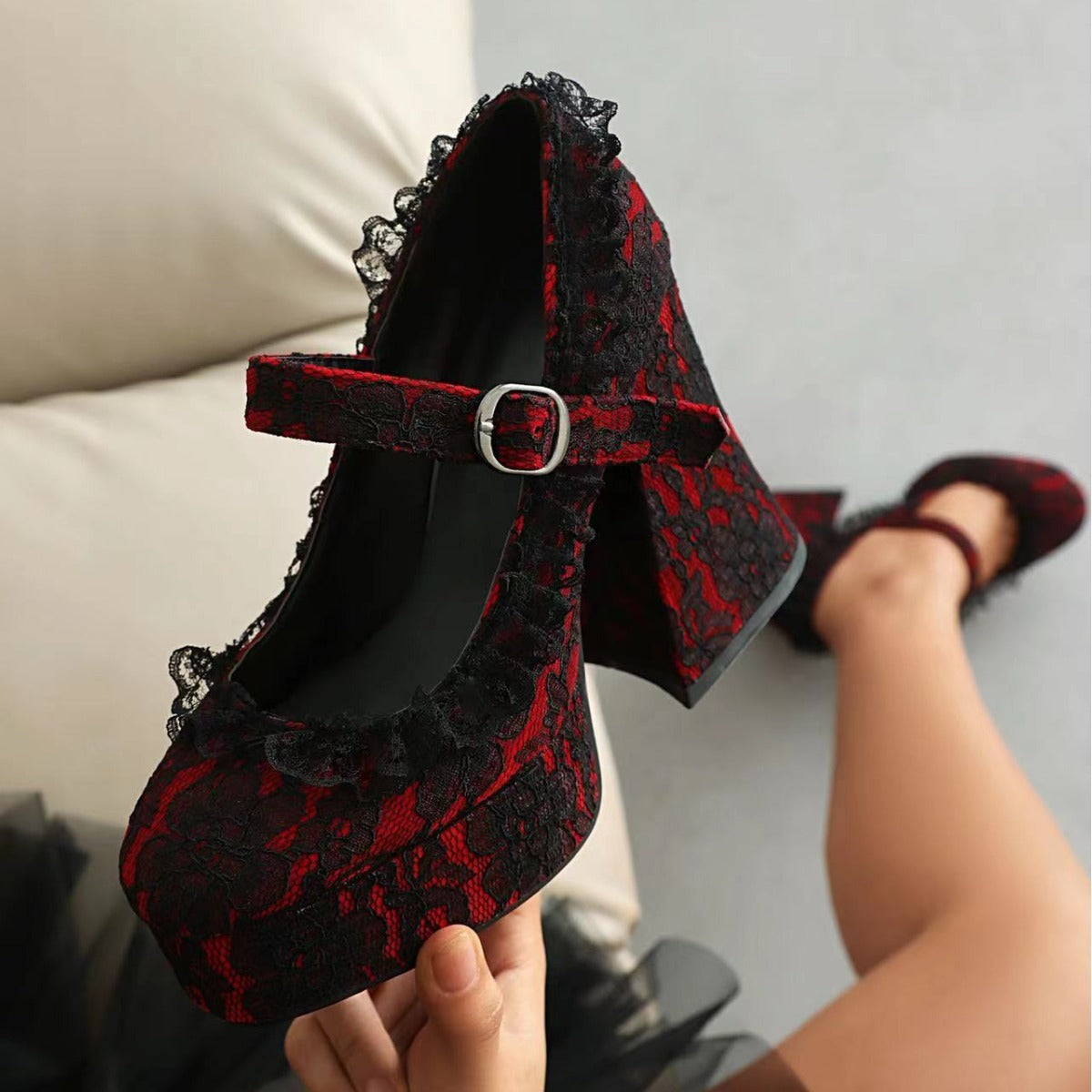 Obsidian Lace-Up Buckle Platform Heels