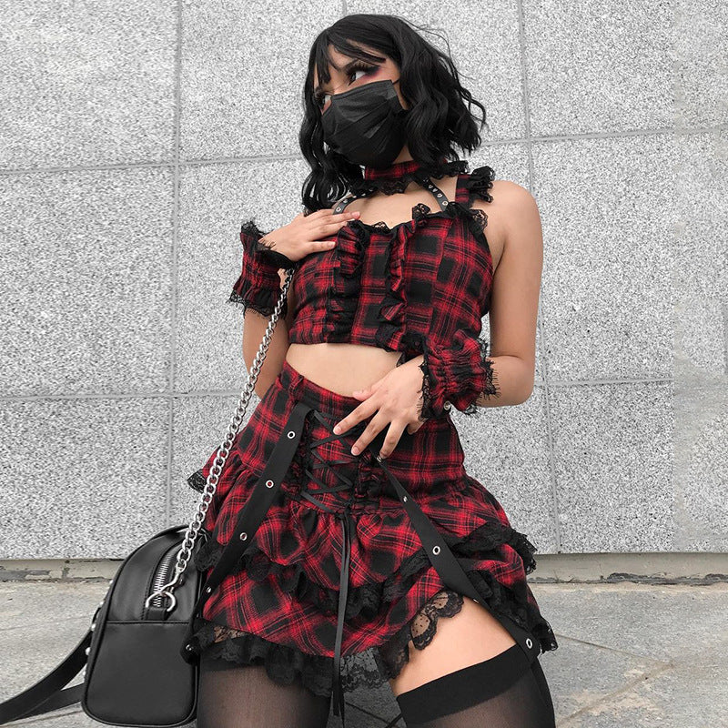 Gothic Checkered Lace Halter Two-Piece Set