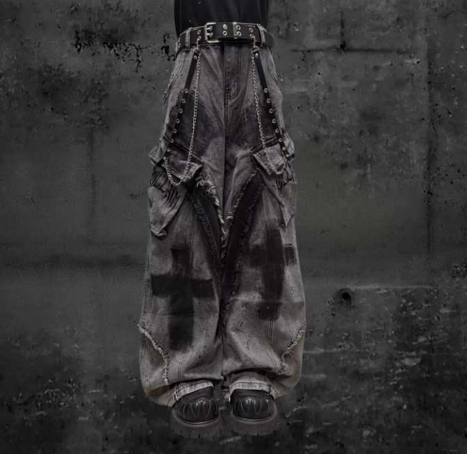Gothic Cross Cargo Denim Jeans