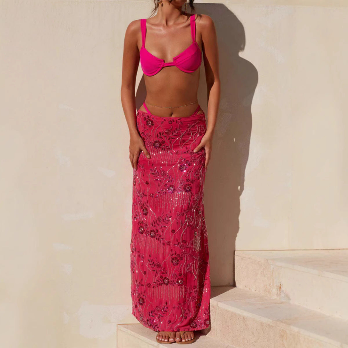 Y2K McBling Beaded Sequin Maxi Skirt