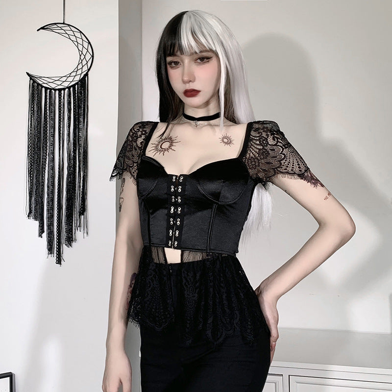 Kawaii Goth Puff-Sleeve Lace Crop Top