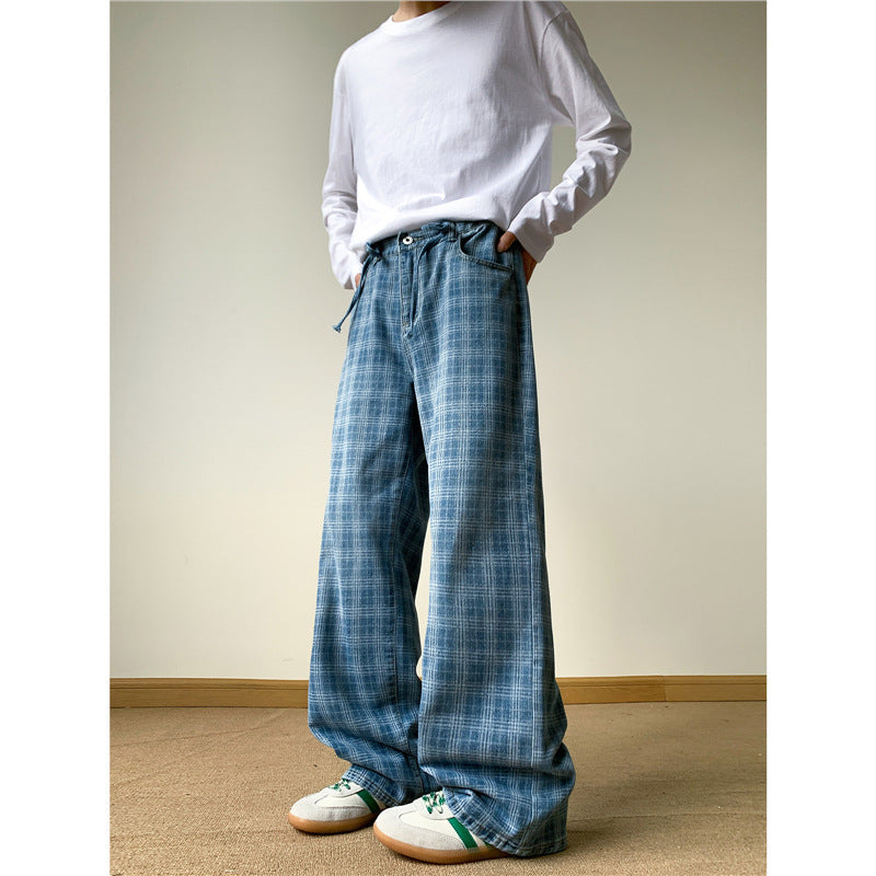 Preppy Boycore Plaid Wide Leg Jeans