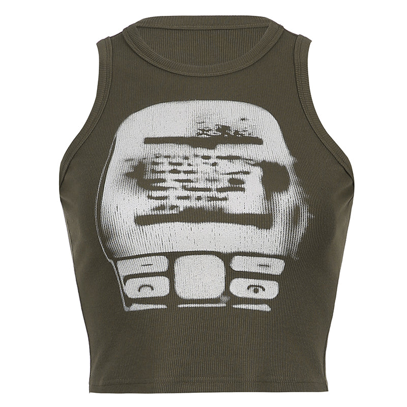 Vintage Threaded Graphic Print Ribbed Top