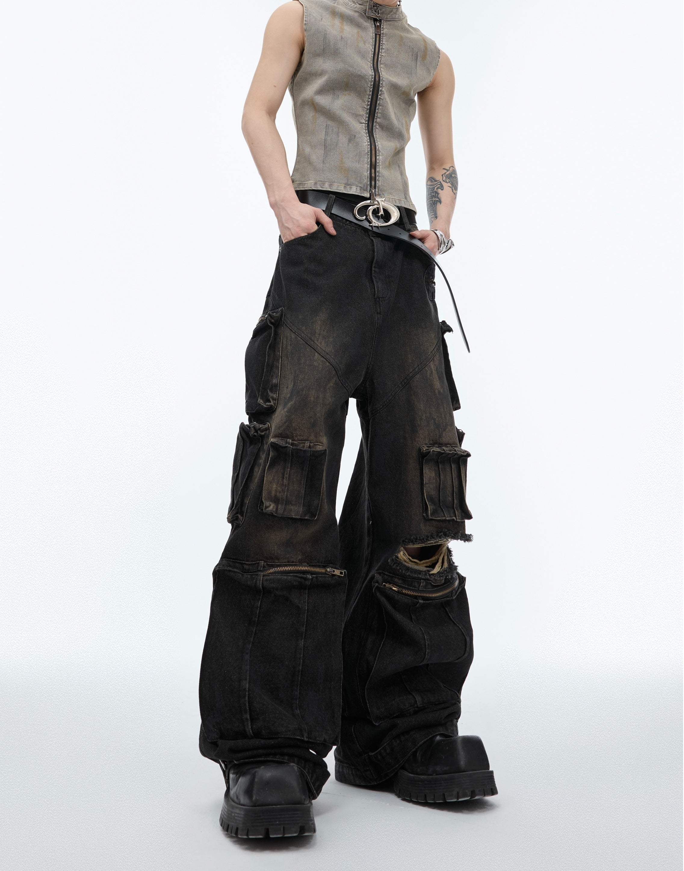 Cyberpunk Utility Distressed Cargo Denim