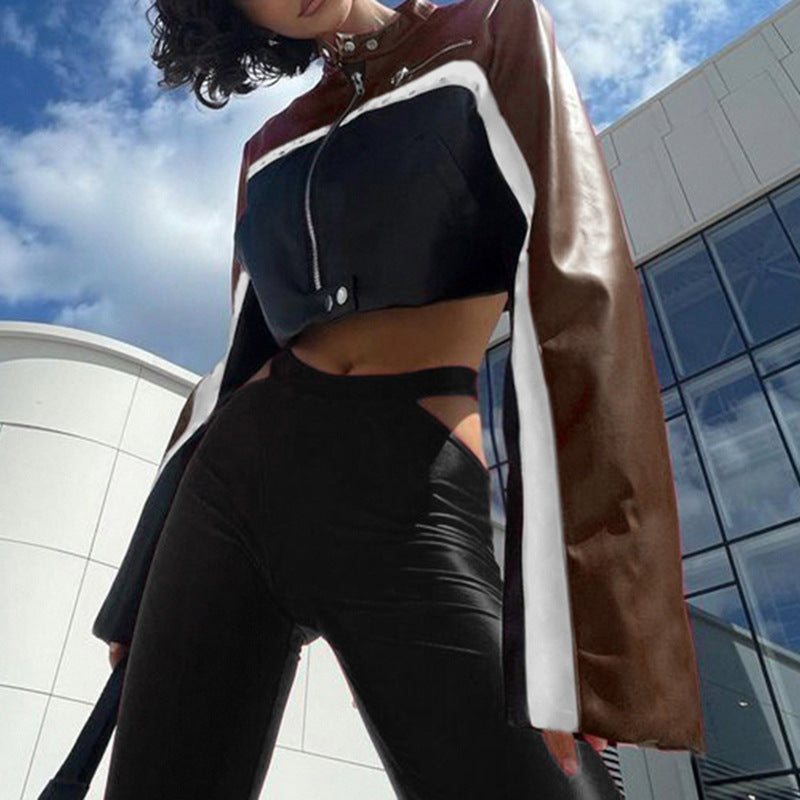 Street Moto Color Panel Cropped Vegan Leather Coat