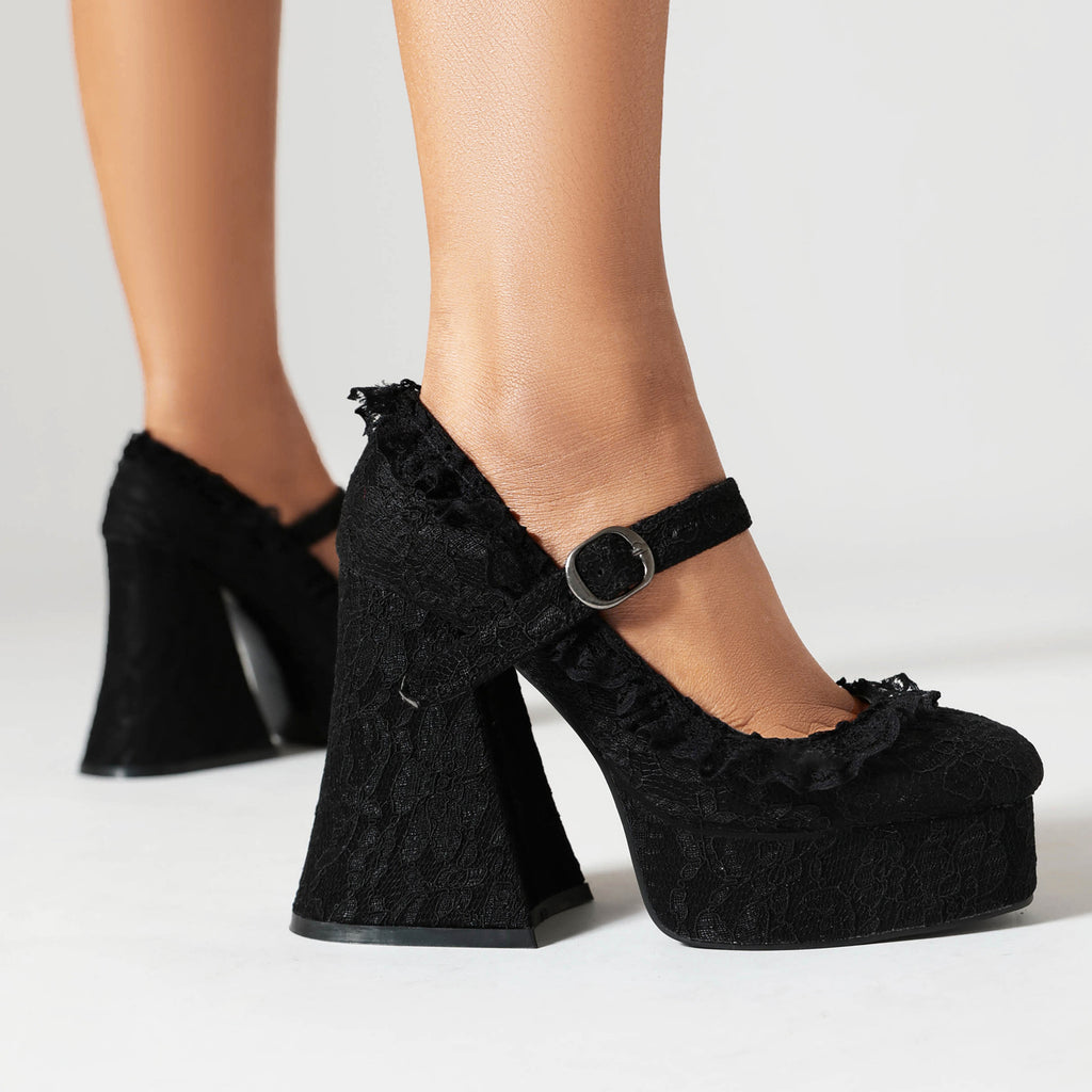 Obsidian Lace-Up Buckle Platform Heels