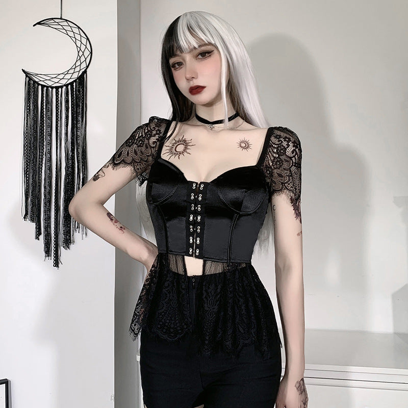 Kawaii Goth Puff-Sleeve Lace Crop Top