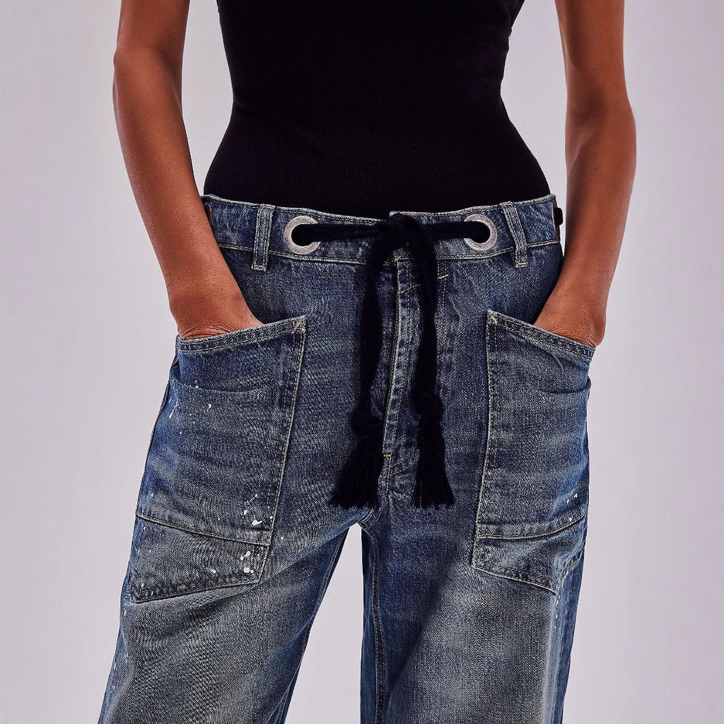 Relaxed Drawstring Splash Ink Cropped Jeans