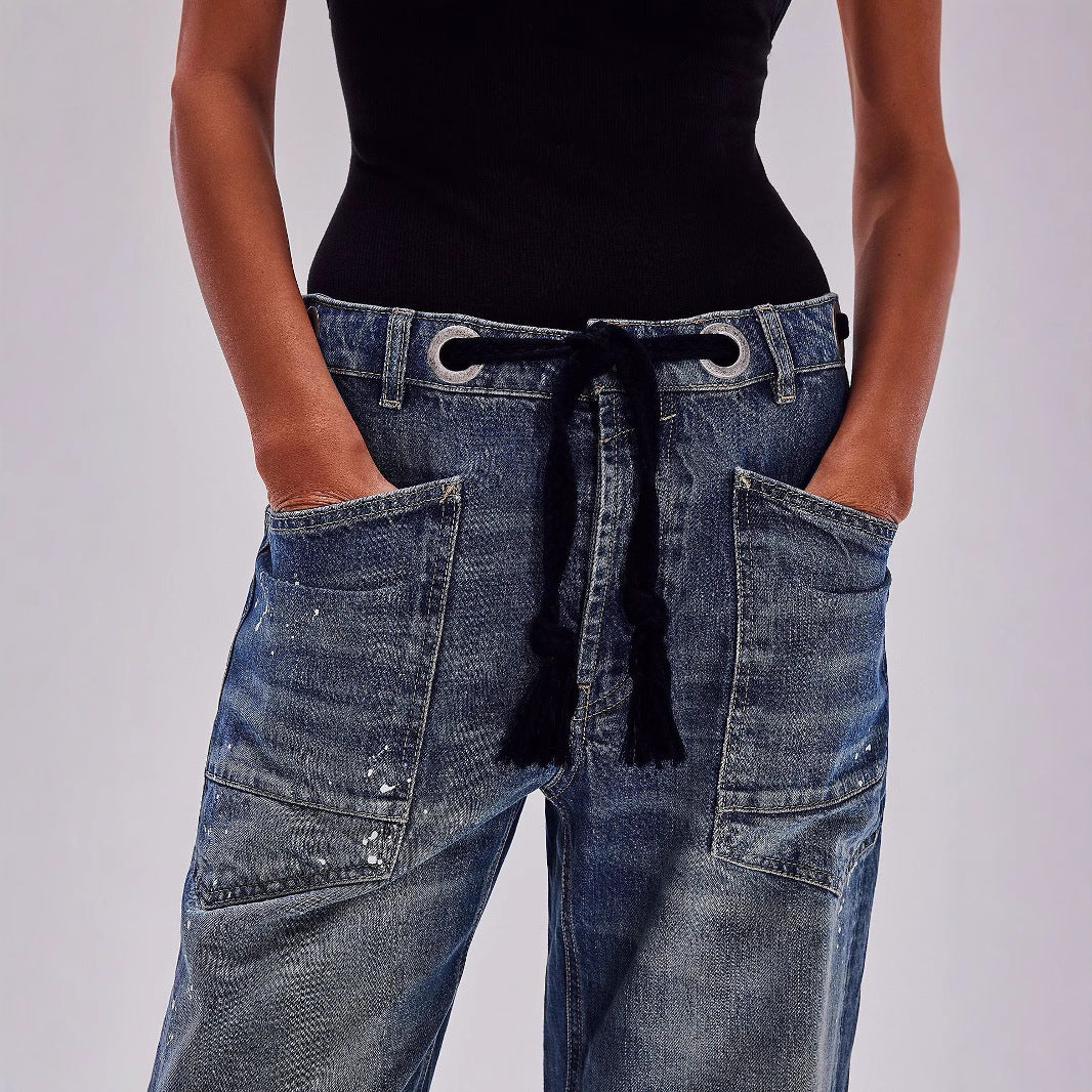 Relaxed Drawstring Splash Ink Cropped Jeans