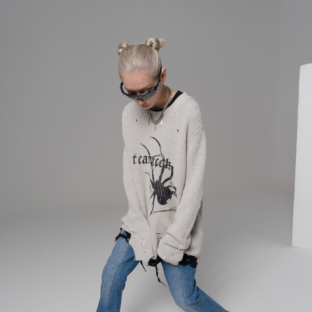 Women’s Destroyed Spider-Print Grunge Knit Sweater