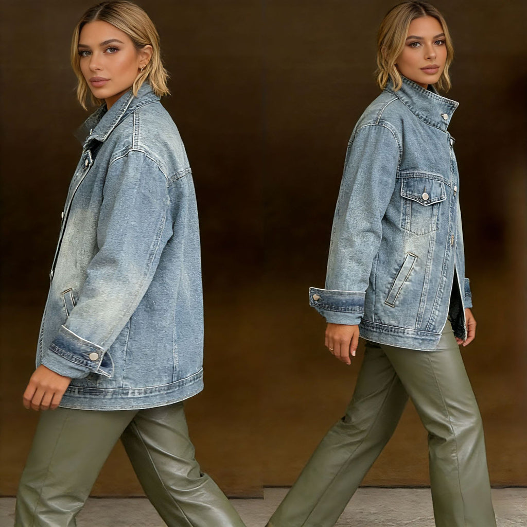 Asymmetric Closure Single-Pocket Denim Jacket